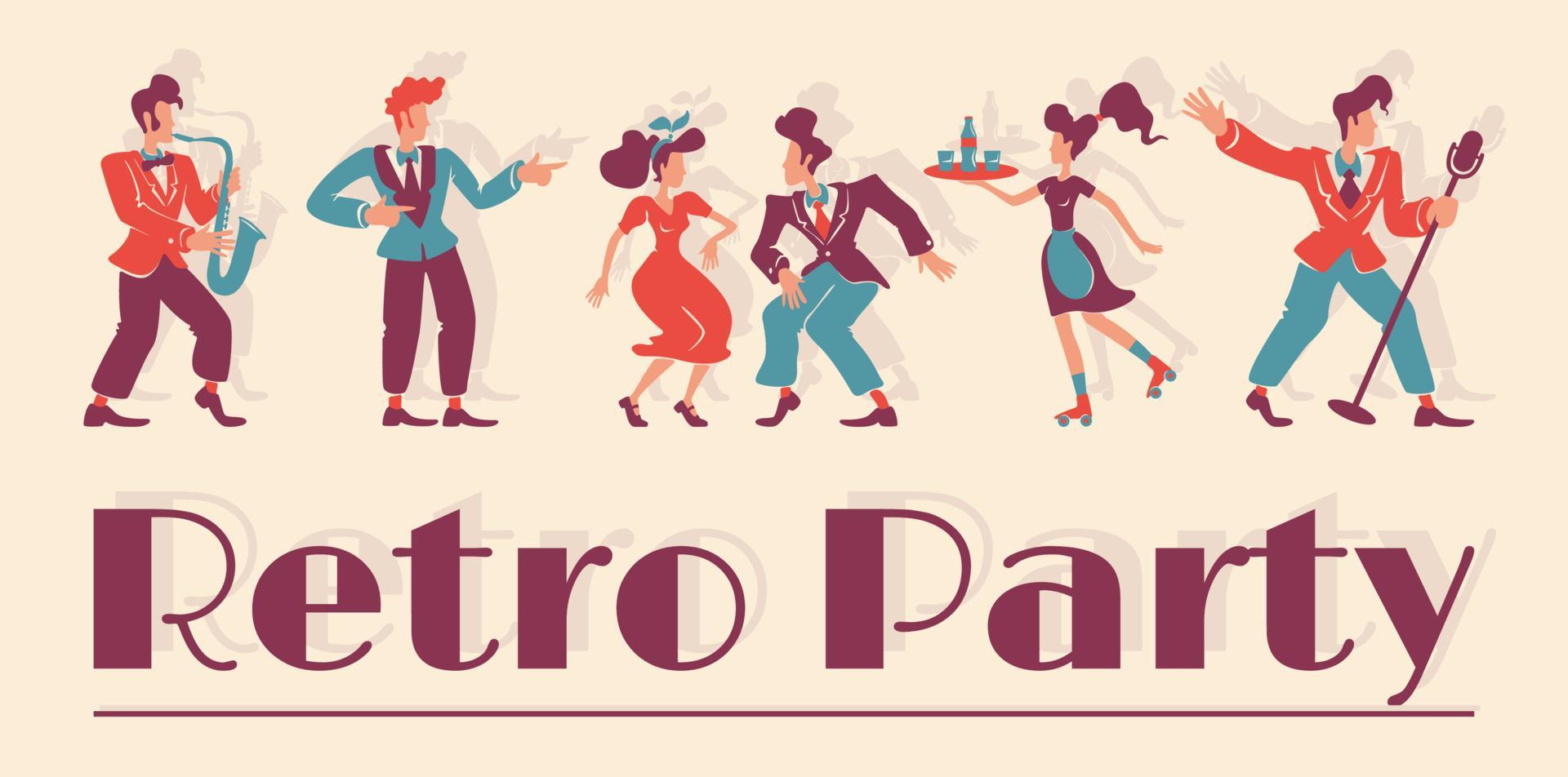 Retro party club banner flat vector template. 1950s style bar