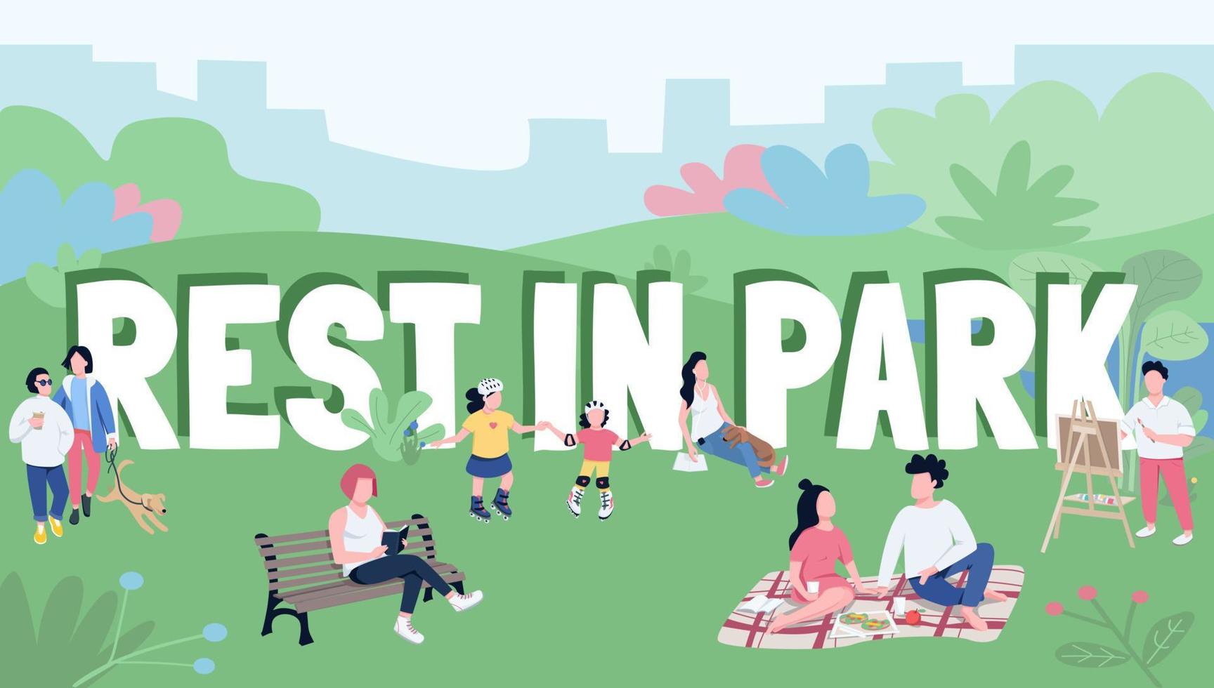 Rest in park word concepts flat color vector banner. Typography with tiny cartoon characters. Family picnic, weekend relaxation in countryside, outdoor recreation creative illustration