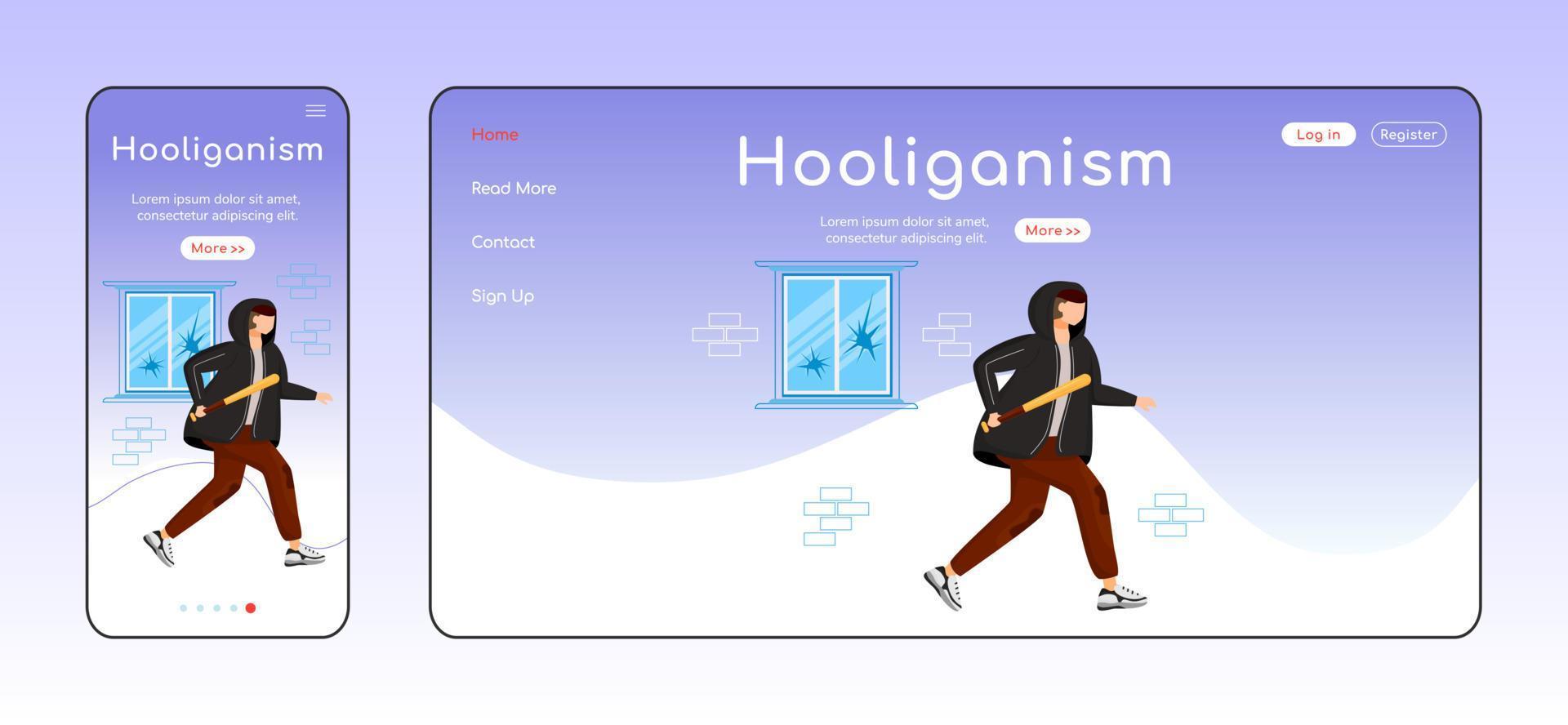 Hooliganism adaptive landing page flat color vector template. Guy with baseball bat. Vandalism mobile and PC homepage layout. Street bully one page website UI. Webpage cross platform design