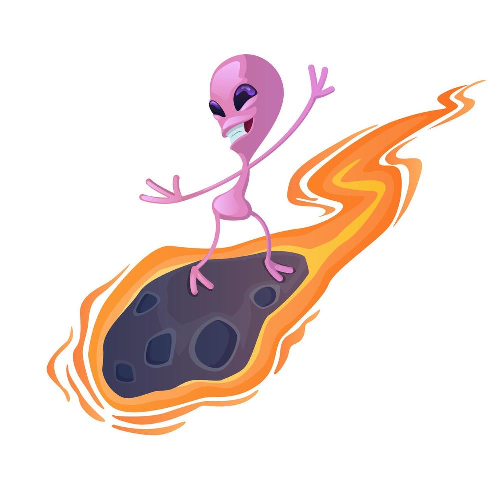 Alien on meteorite flat cartoon vector illustration. Entertaining extraterrestrial, flying martian. Ready to use 2d character template for commercial, animation, printing design. Isolated comic hero