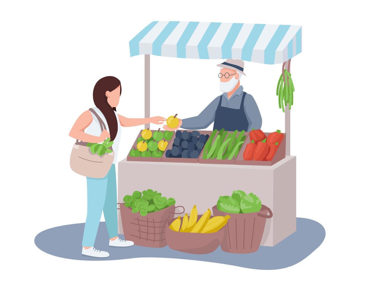 vendedor de verduras y frutas y personajes sin rostro de vector de color plano de comprador. mercado de verduras, comestibles, productos orgánicos aislados ilustración de dibujos animados para diseño gráfico web y animación