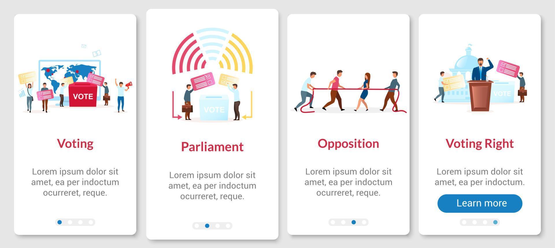 proceso electoral incorporación de la pantalla de la página de la aplicación móvil con plantilla vectorial. votar para presidente. paso a paso del sitio web con caracteres planos. concepto de interfaz de dibujos animados de smartphone ux, ui, gui vector