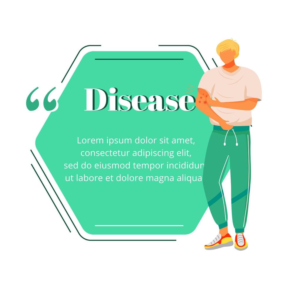 Disease symptom flat color vector character quote. Man with eczema. Redness on skin. Healthcare problem. Citation blank frame template. Speech bubble. Quotation empty text box design