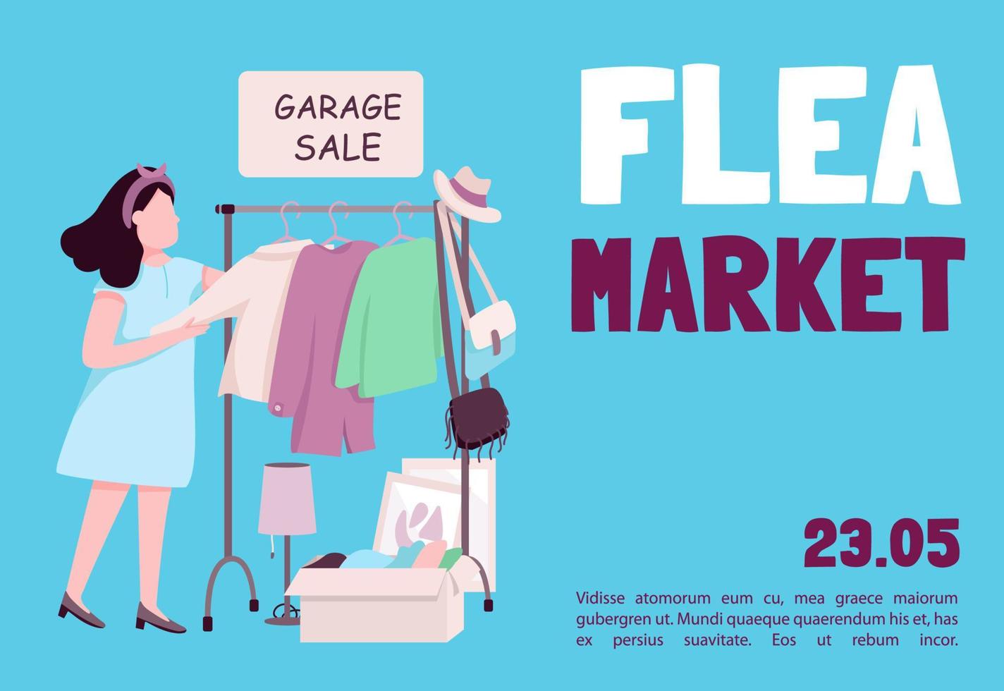 Flea market banner flat vector template. Brochure, poster concept design with cartoon characters. Buying second hand clothes and retro things. Garage sale horizontal flyer, leaflet with place for text