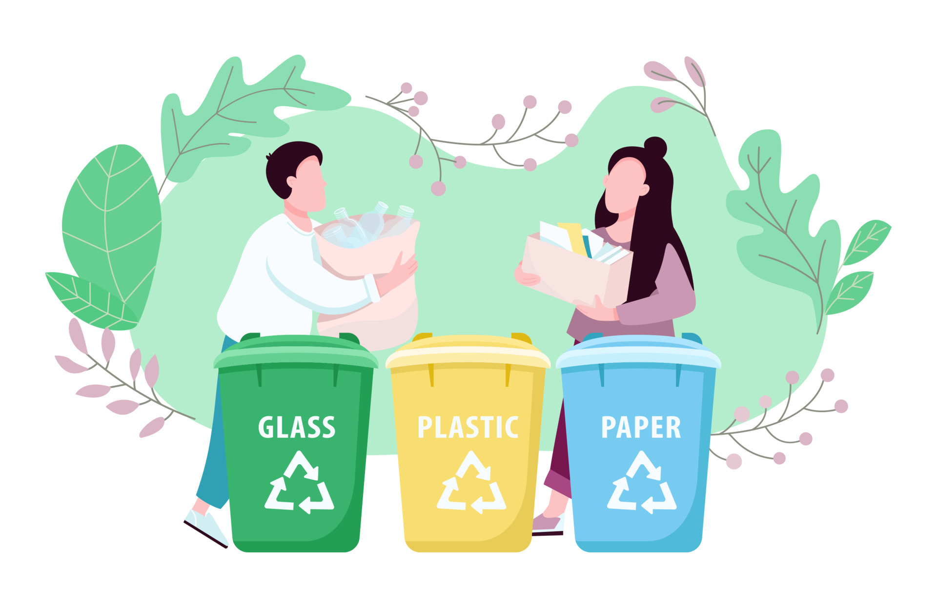 Waste management, eco friendly living 2D vector web banner, poster. Garbage  separation. Man and woman sorting trash flat characters on cartoon  background. printable patches, colorful web elements 4341571 Vector Art at  Vecteezy