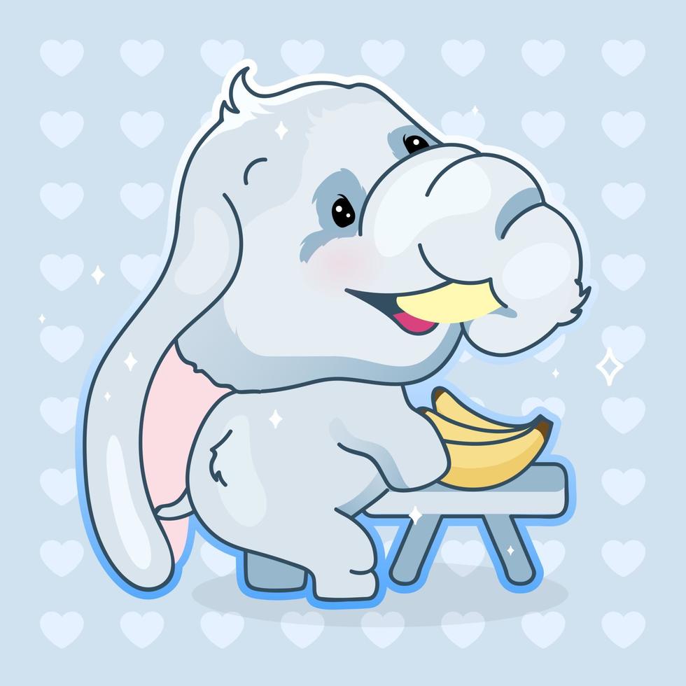 Lindo personaje de vector de dibujos animados de elefante kawaii. adorable y divertido, feliz animal comiendo plátanos pegatina aislada, parche. anime, bebé, niño, elefante, emoji, en, fondo azul