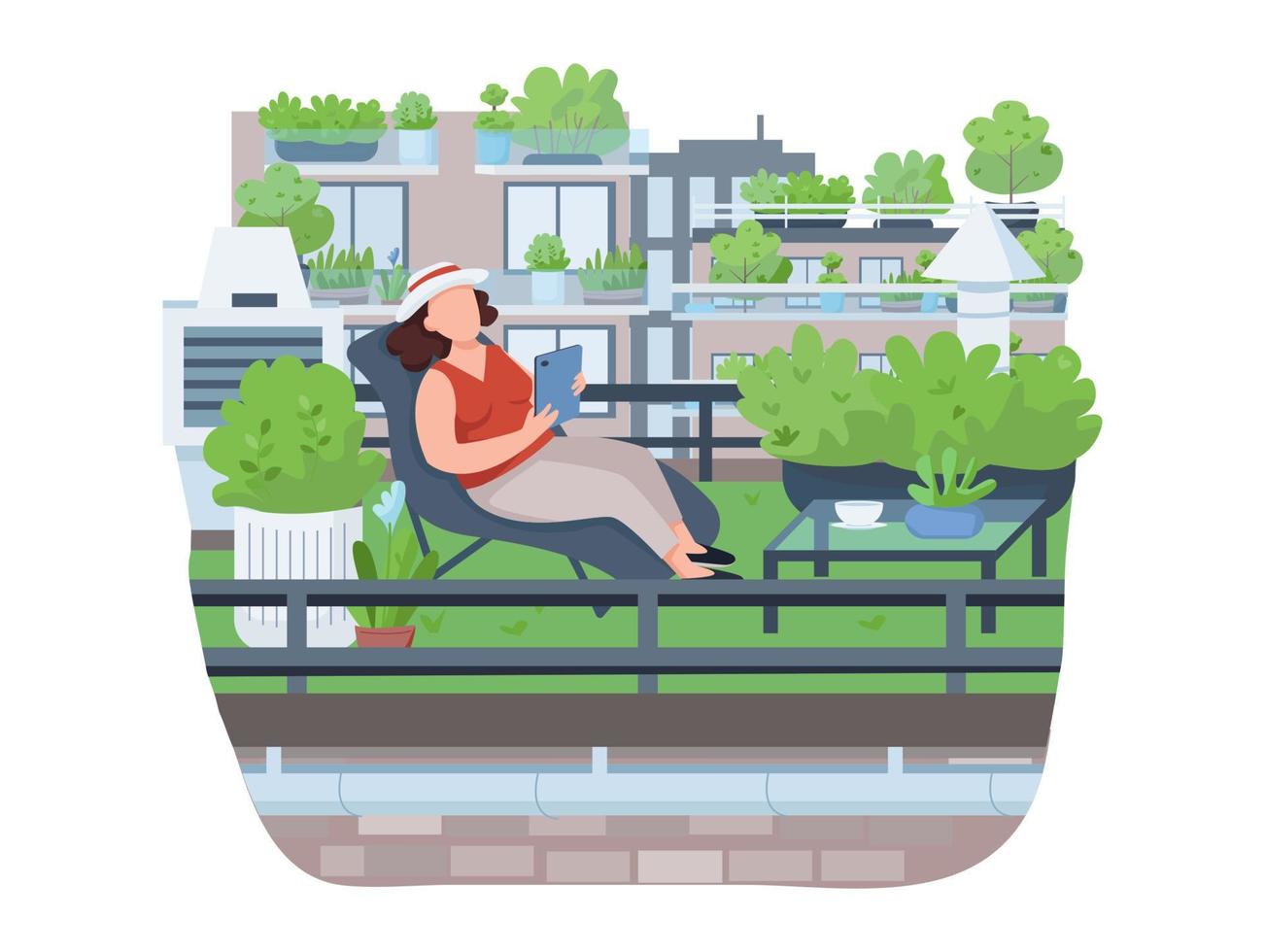 Relaxing on veranda semi 2D vector web banner, poster. Woman on deck chair flat character on cartoon background. Recreation, roof gardening, town greening printable patches, colorful web elements