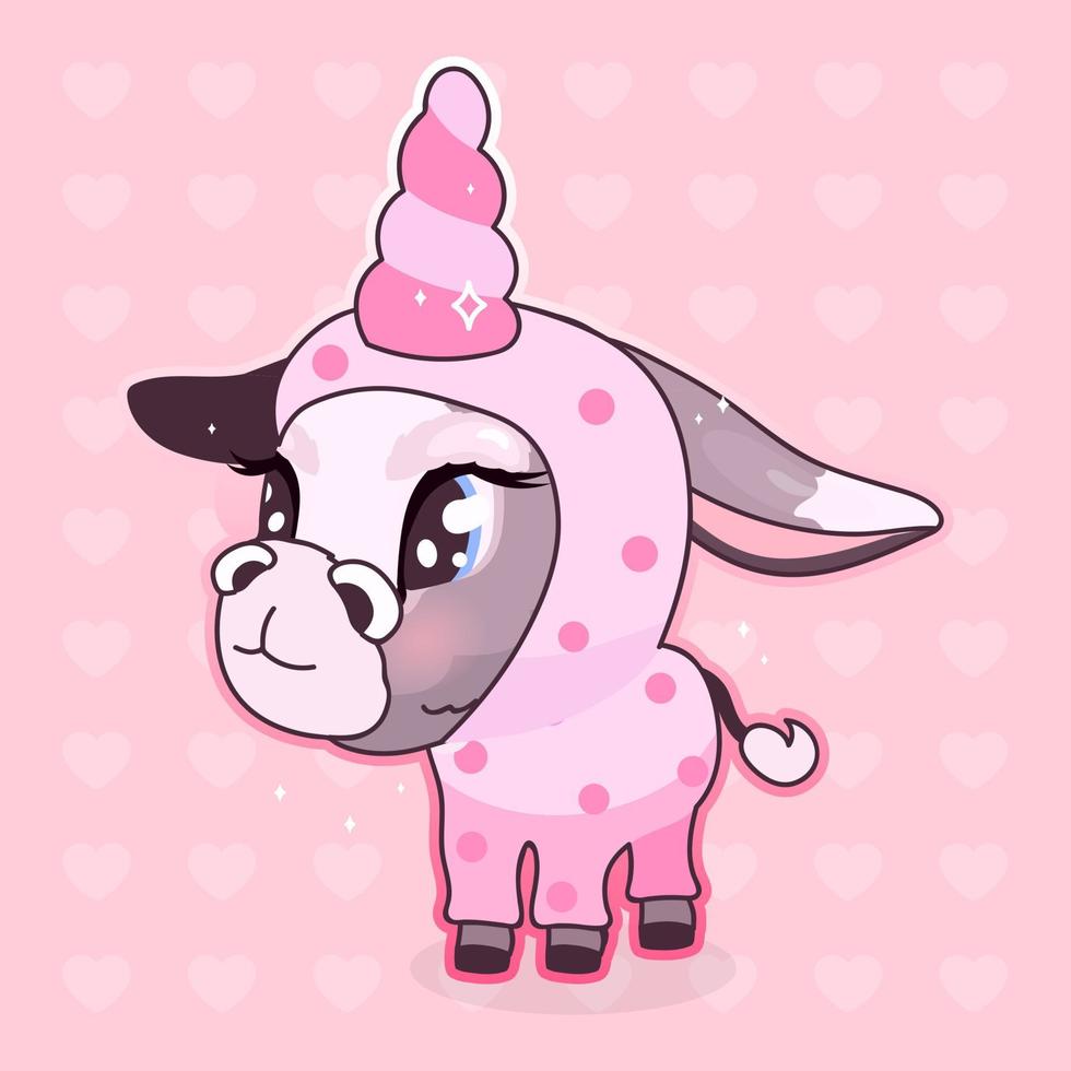 Lindo personaje de vector de dibujos animados de burro kawaii. Animal adorable y divertido en traje de unicornio pegatina aislada, parche, ilustración de niña. mula de niña de anime, emoji burro sobre fondo rosa