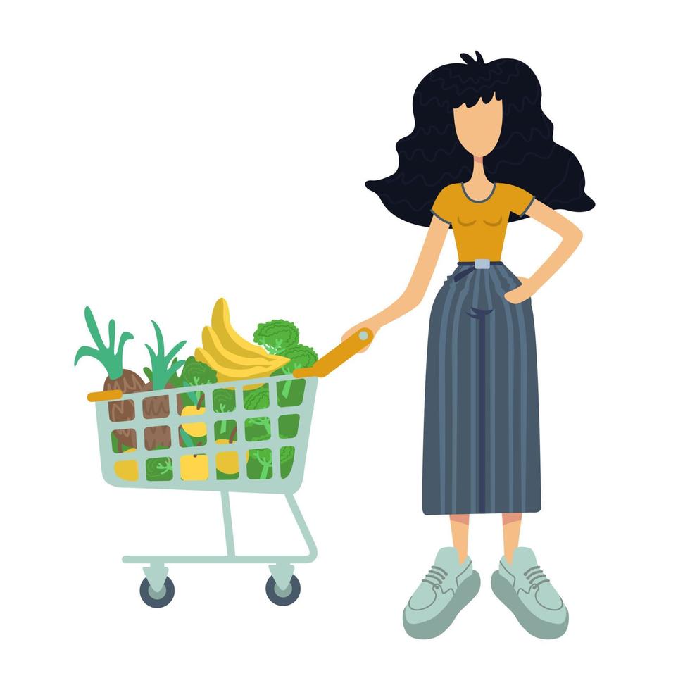 Zero waste flat cartoon vector illustration. Woman holds pushcart with natural food. Vitamin diet. Ready to use 2d character template for commercial, animation, printing design. Isolated comic hero