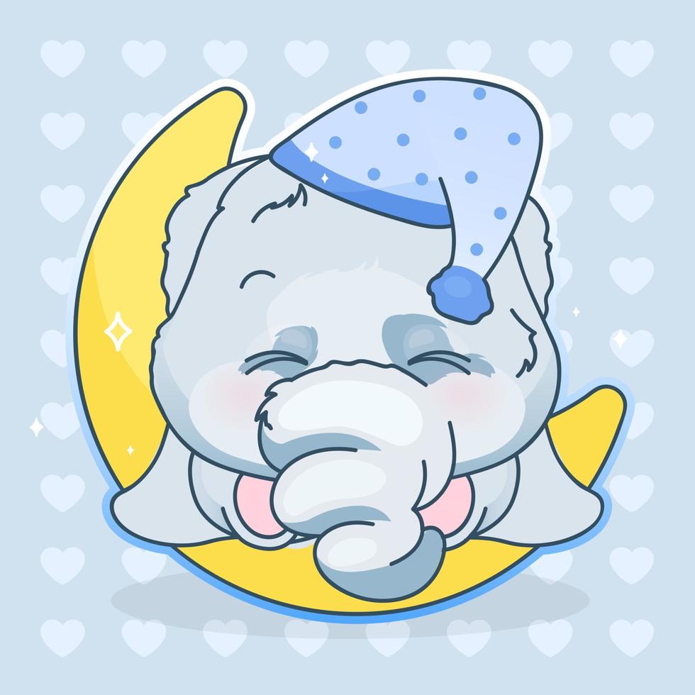 Lindo personaje de vector de dibujos animados de elefante kawaii. adorable y divertido animal durmiendo en la luna pegatina aislada, parche. la hora de acostarse, la noche. anime, bebé, niño, elefante, emoji, en, fondo azul