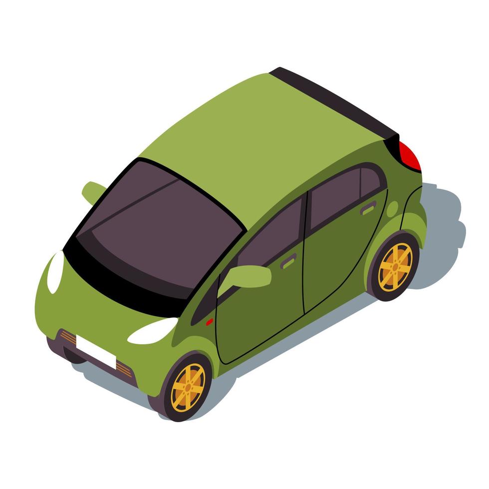 Ilustración de vector de color isométrico microcar. infografía de transporte de la ciudad. coche verde kei. minicompacto urbano auto. transporte de la ciudad. Concepto de automóvil 3d aislado sobre fondo blanco.