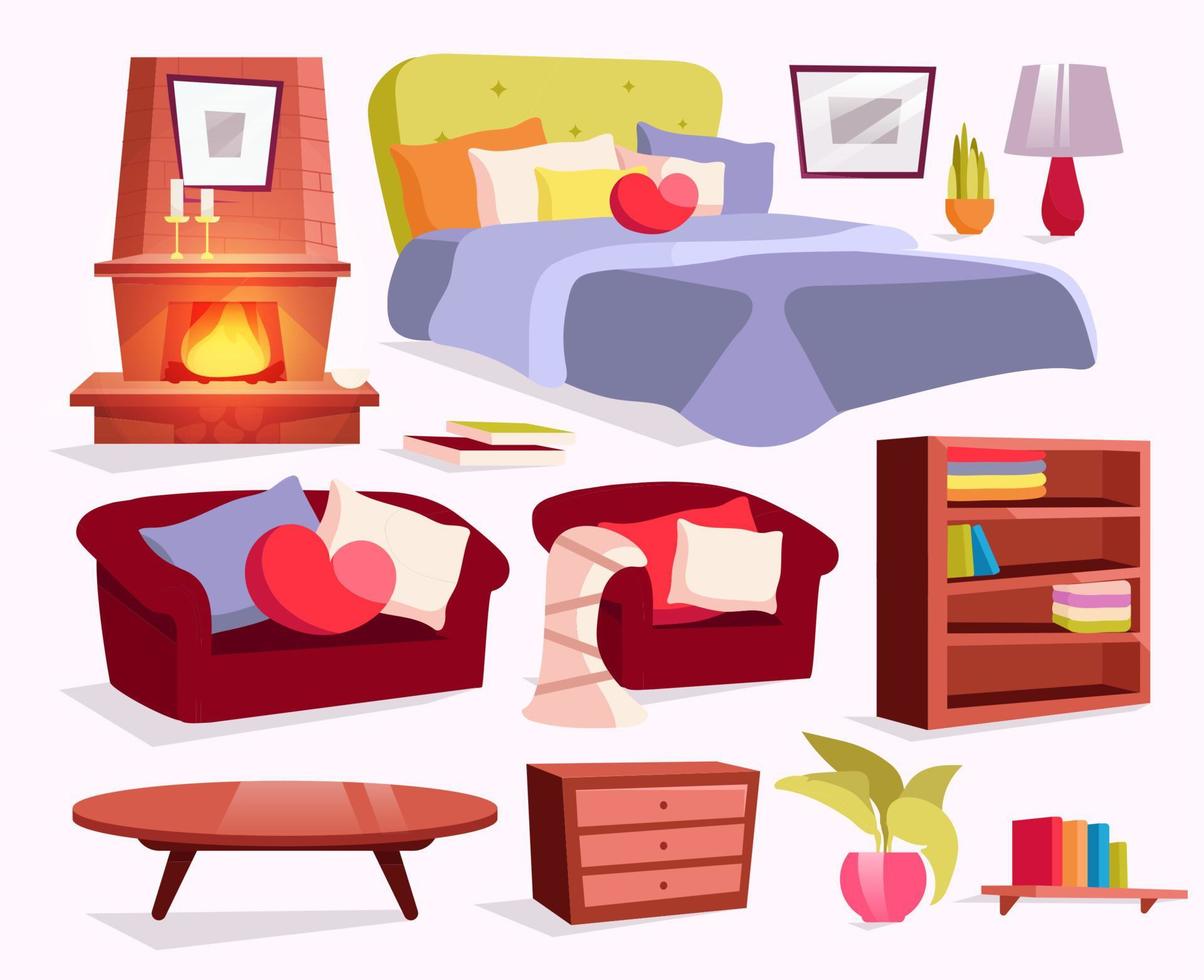 conjunto de ilustraciones vectoriales planas de muebles clásicos. cama con almohadas, pegatinas de manta, paquete de cliparts. chimenea, mesa de café, estantería para libros. Cojines de sofá ilustraciones de dibujos animados aislados sobre fondo blanco vector