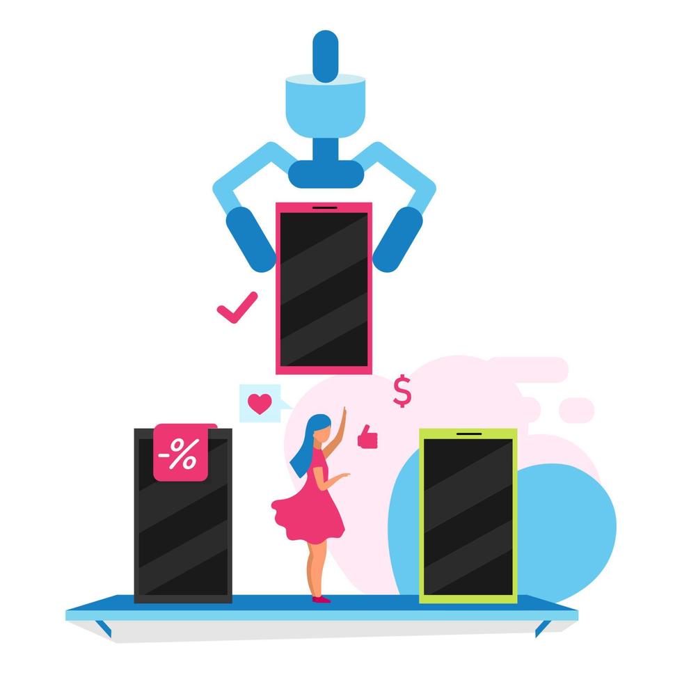 Choosing best mobile phone flat concept vector illustration. Purchasing new smartphone isolated 2D cartoon character on white for web design. Gadget selection. Online electronics store creative idea