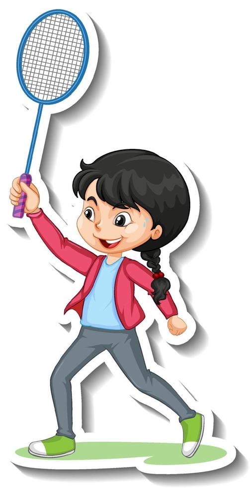 Cartoon character sticker with a girl playing badminton vector