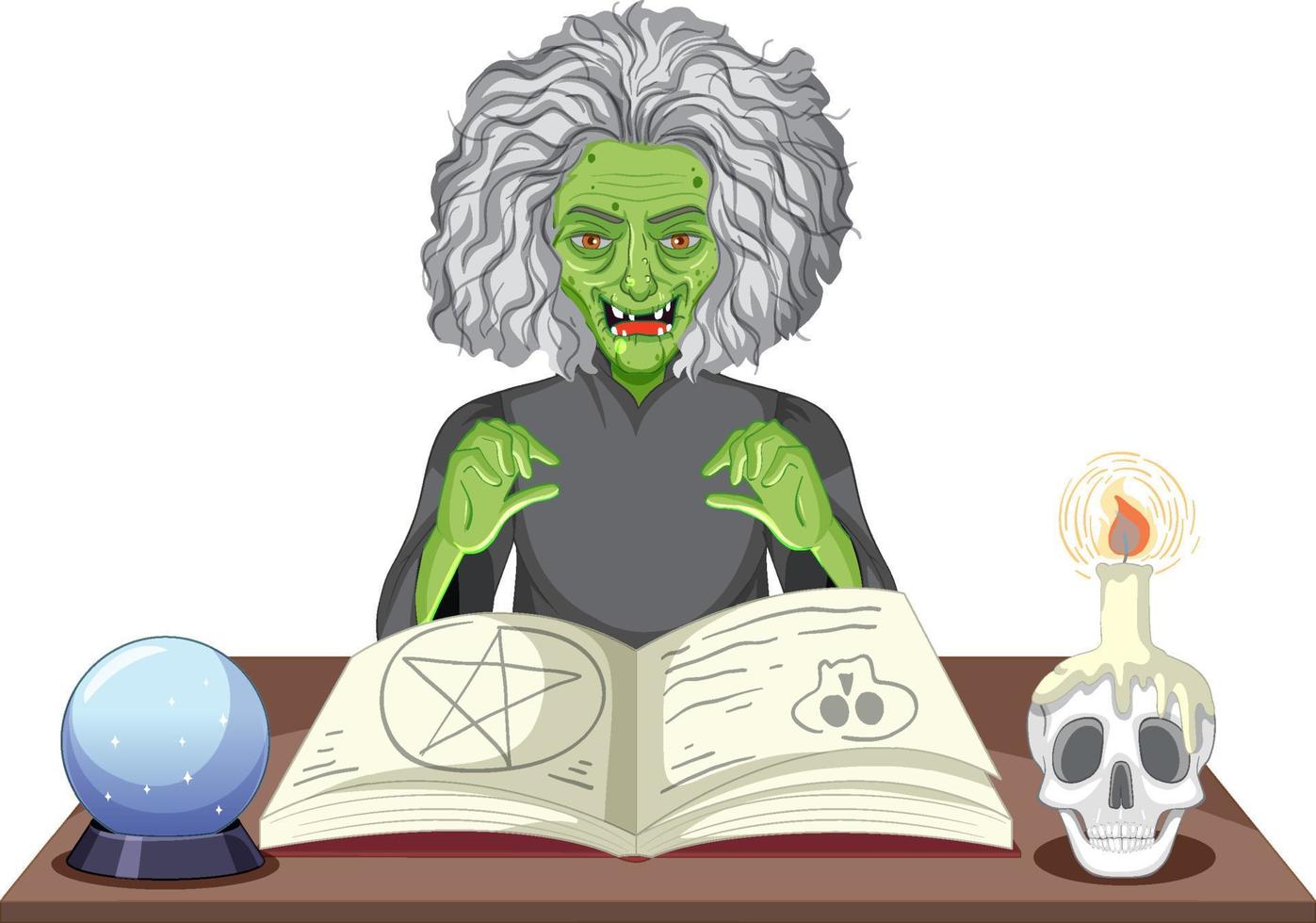 Wicked old witch with magic spell book vector