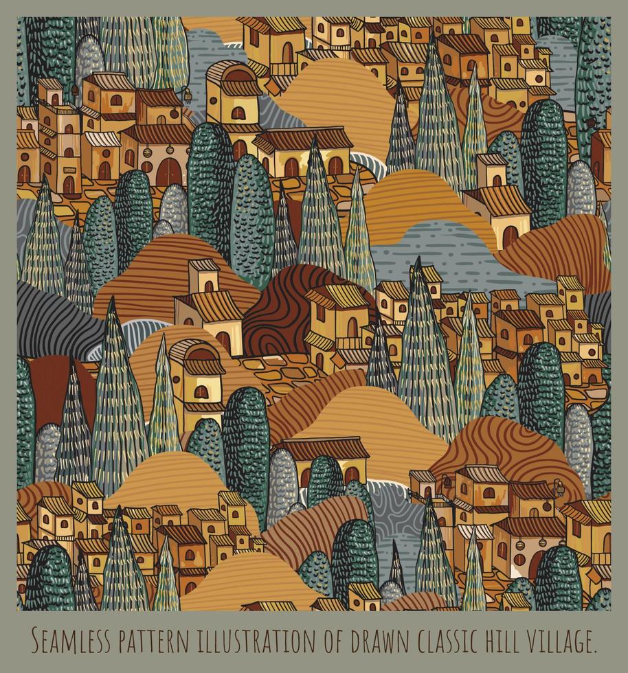 Seamless pattern illustration of drawn classic hill village vector