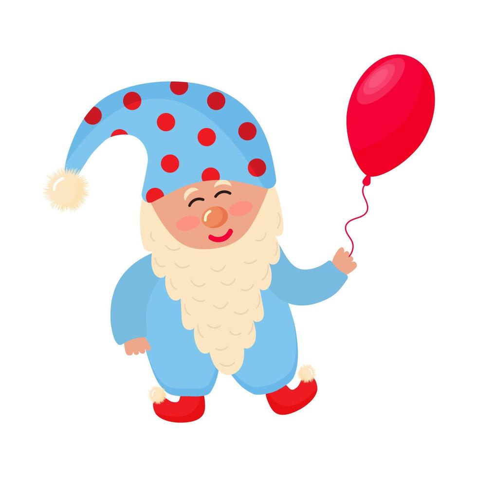 Cute gnome with balloon. Gnome in jumpsuit and hat is smiling. vector