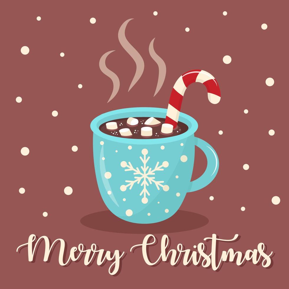 Christmas greeting card with mug of hot chocolate, marshmallows and candy cane. vector