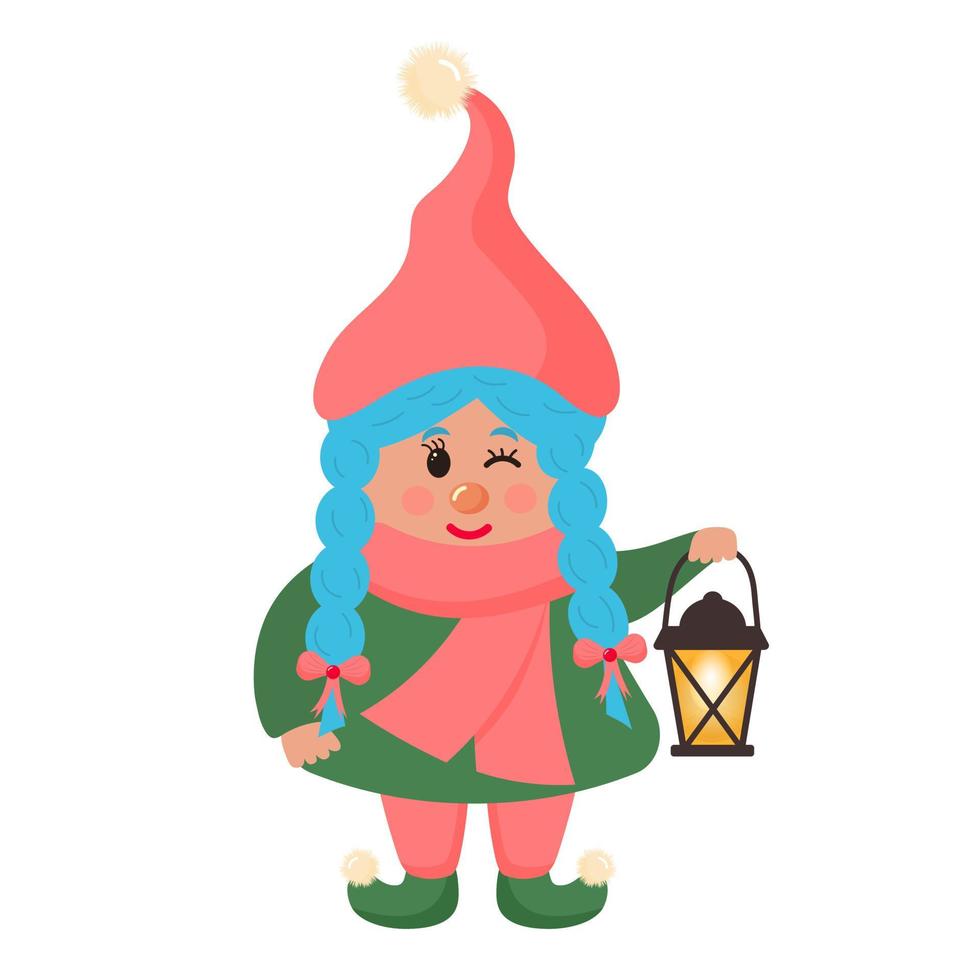 Cute gnome girl with lantern. New Year character. vector