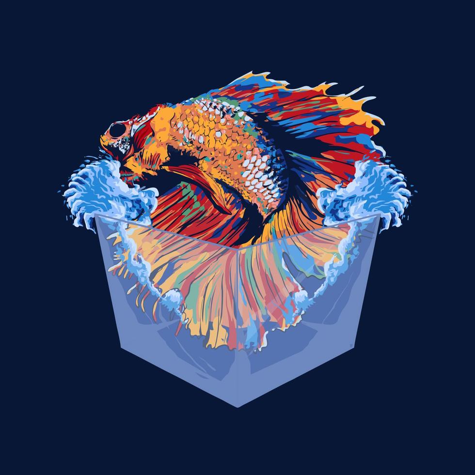 Betta fish on glass box premium vector illustration tshirt design