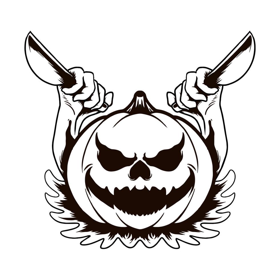Scary pumpkin head Vector line illustration tshirt design