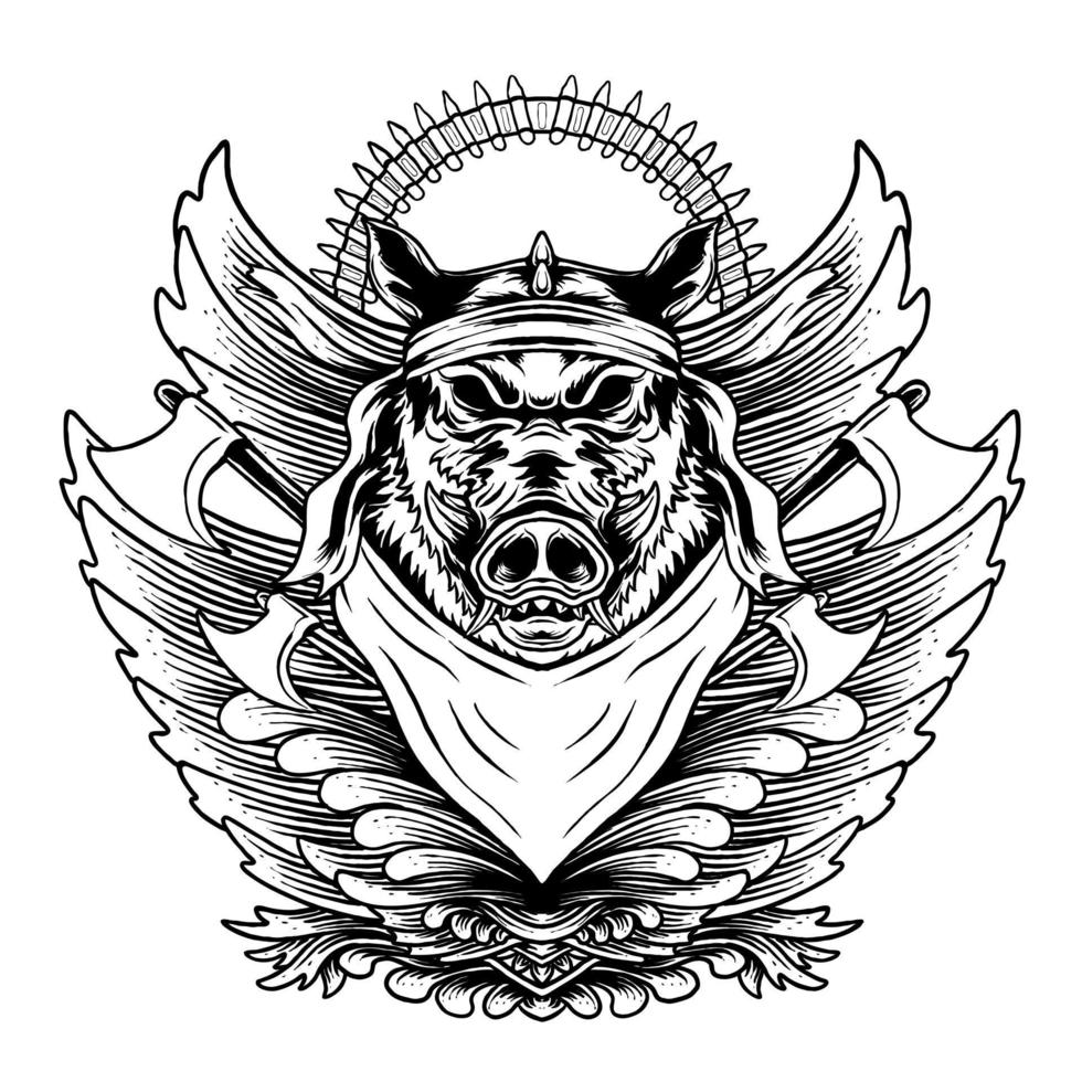 diseño de camiseta de illutration de vector de adorno de cabeza de cerdo de guerra