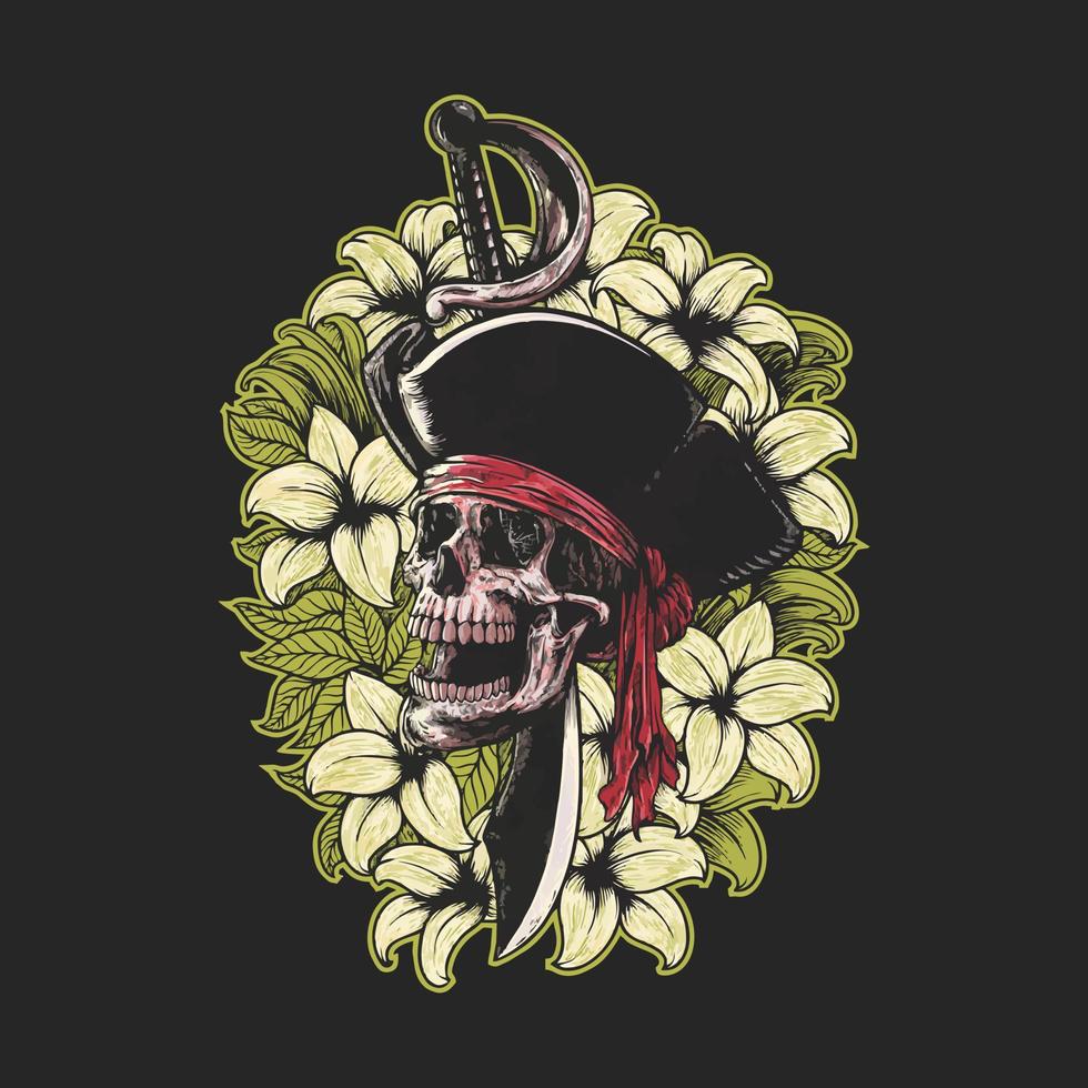 Diseño de camiseta de ilustración de vector de piratas de cráneo floral premium