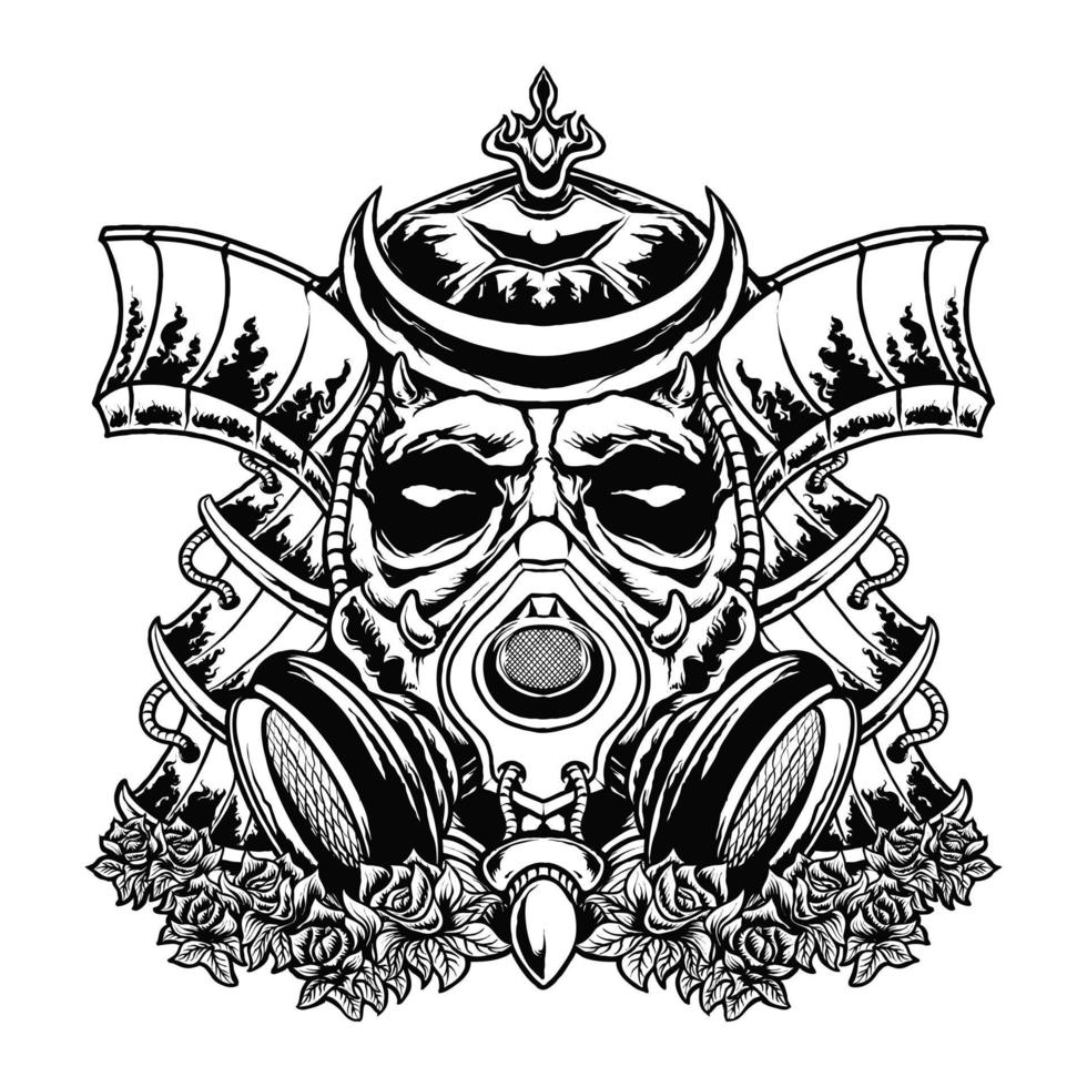 diseño de camiseta de ilustración de vector de máscara de samurai