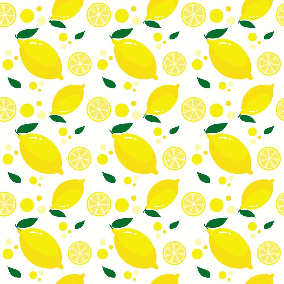cute lemon seamless pattern fruit vector background illustration. Yellow white green color, whole and sliced lemon summer backdrop in flat design style.