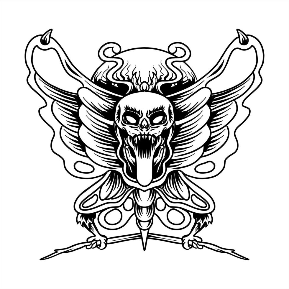 Diseño de camiseta de ilustración de vector de tatuaje de calavera de mariposa