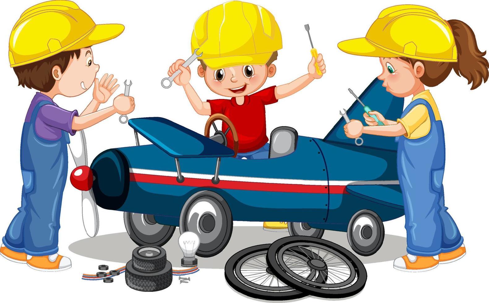 Children repairing a plane together vector