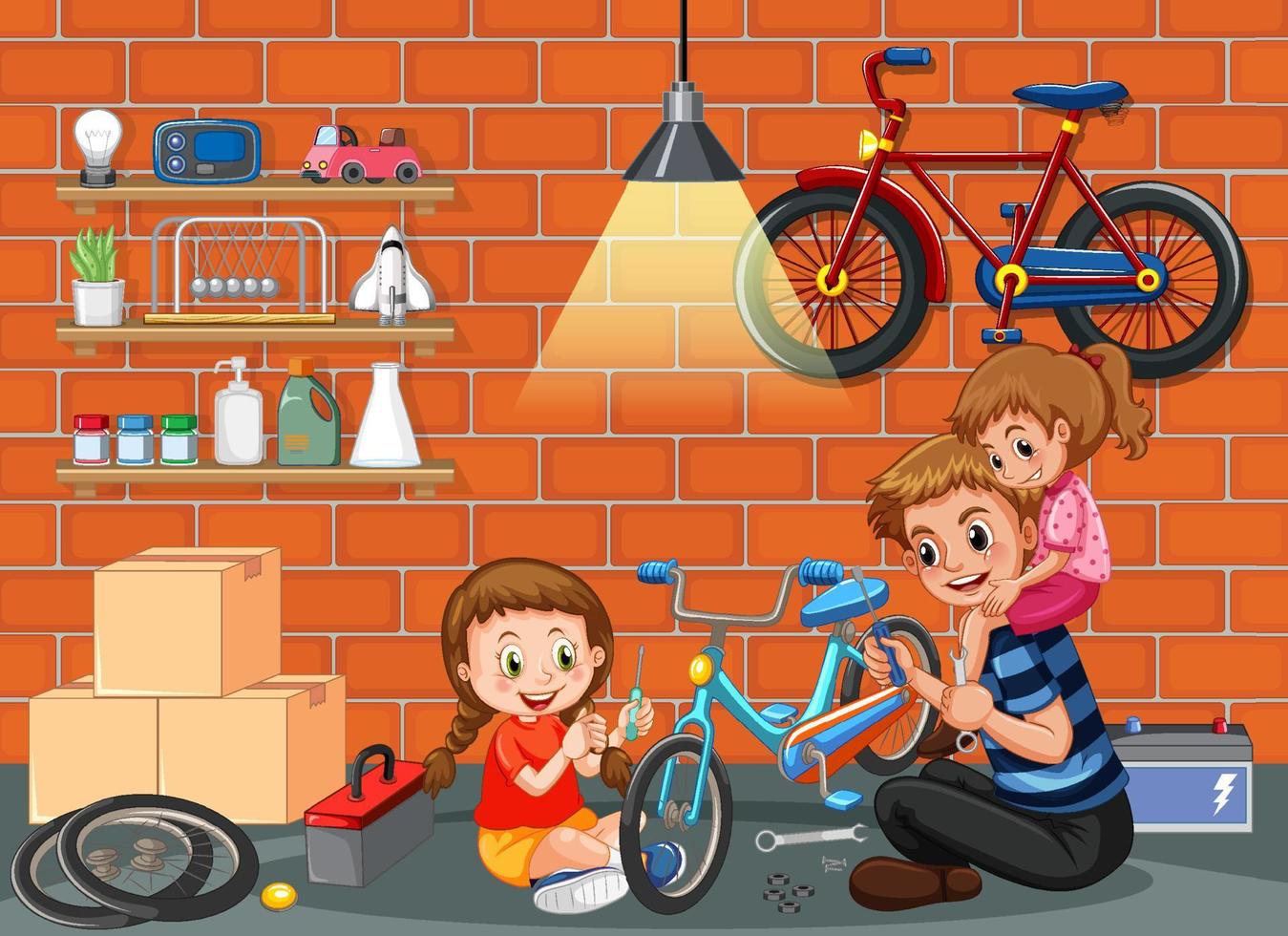 Dad and daughter fixing a bicycle together in the room scene vector