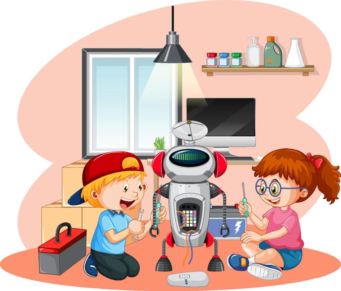 Children fixing a robot together vector