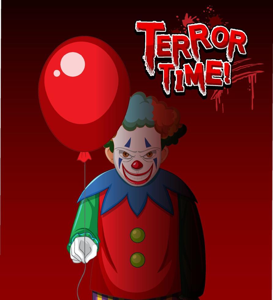 Terror Time text logo with creepy clown holding balloon vector