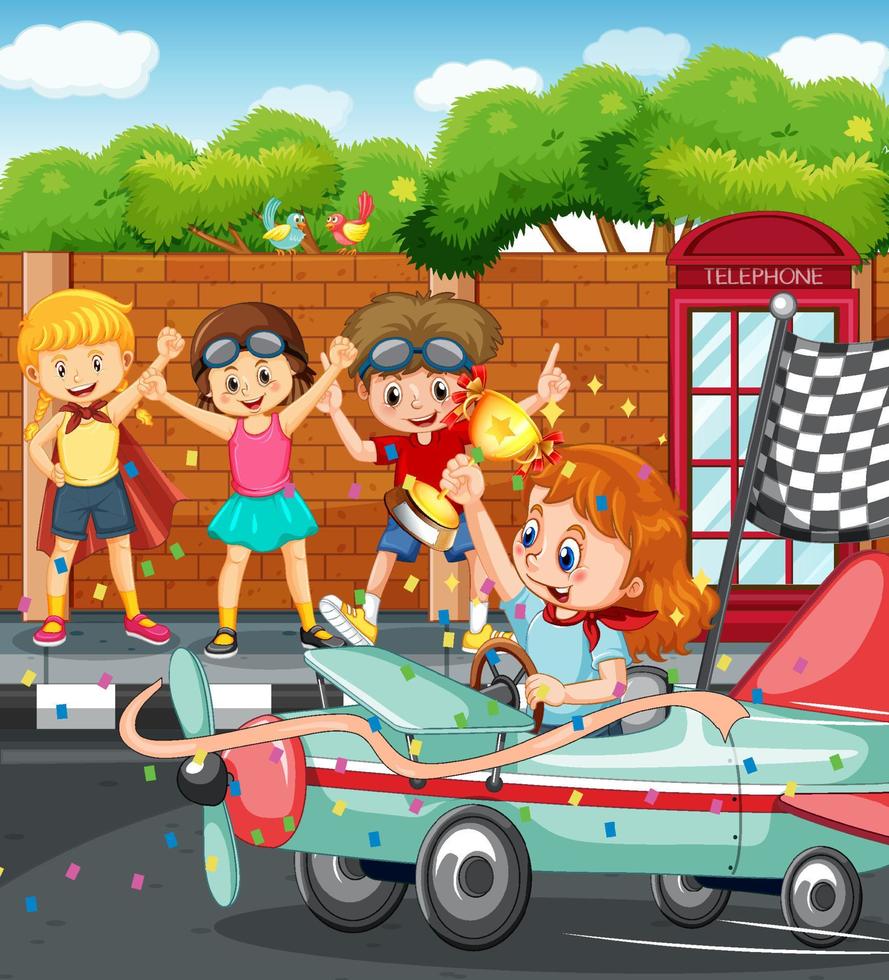 Outdoor scene with children racing car vector