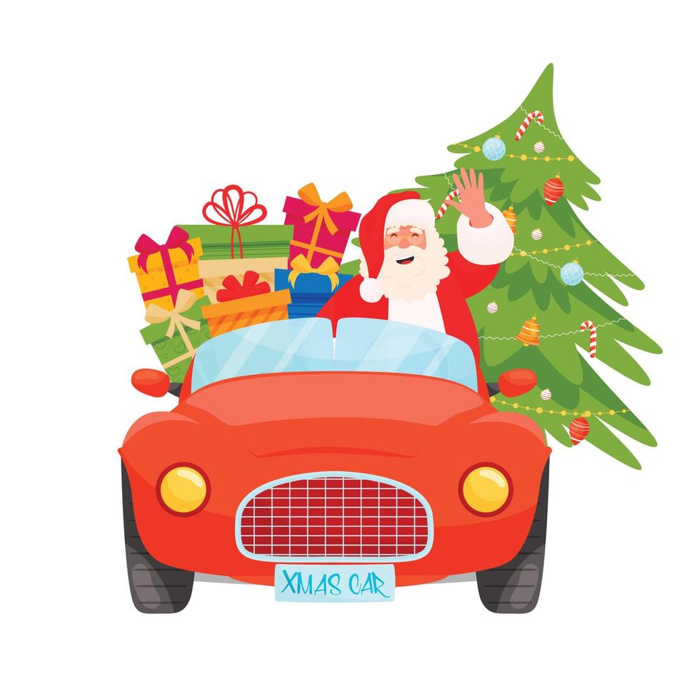 Santa driving Xmas red car with Christmas pine and gifts. vector