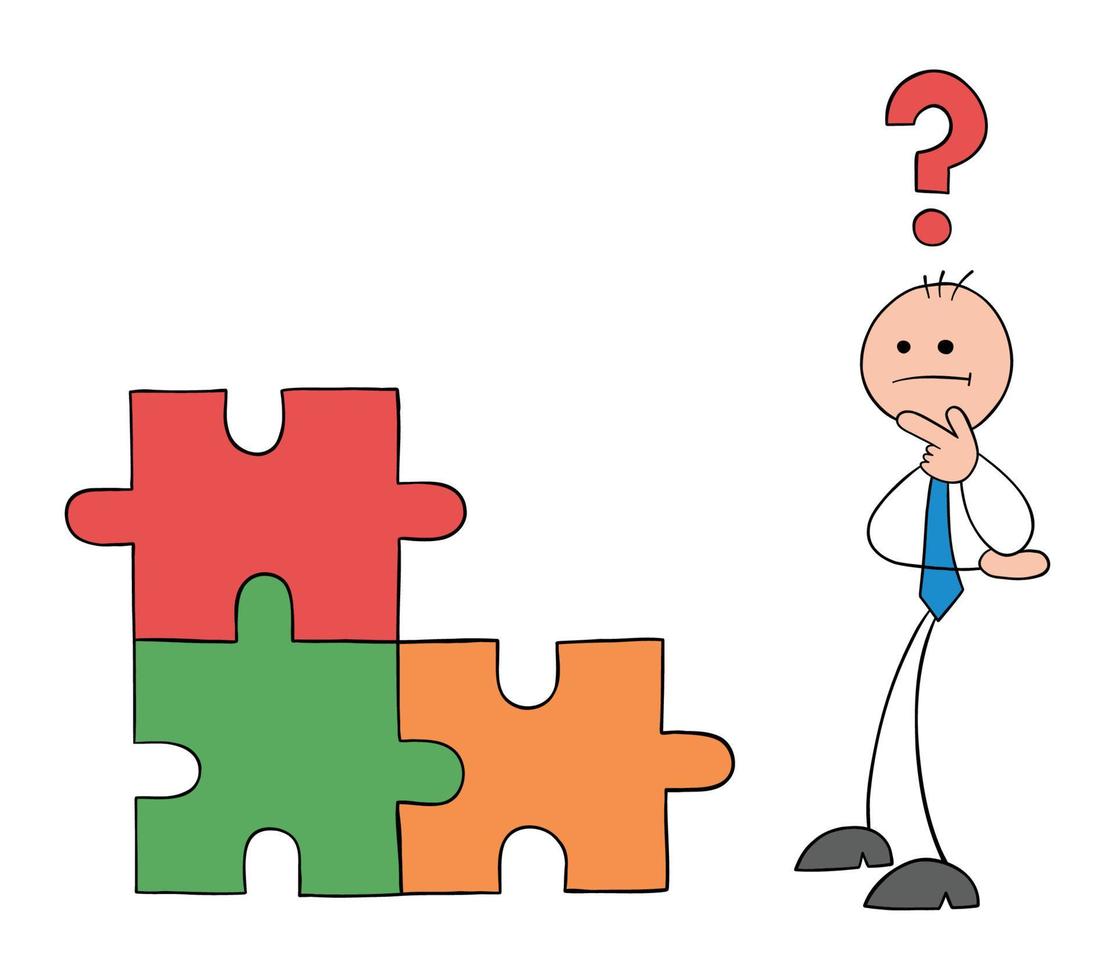 Teamwork, stickmen businessmen is thoughtful about the missing puzzle piece, hand drawn outline cartoon vector illustration.
