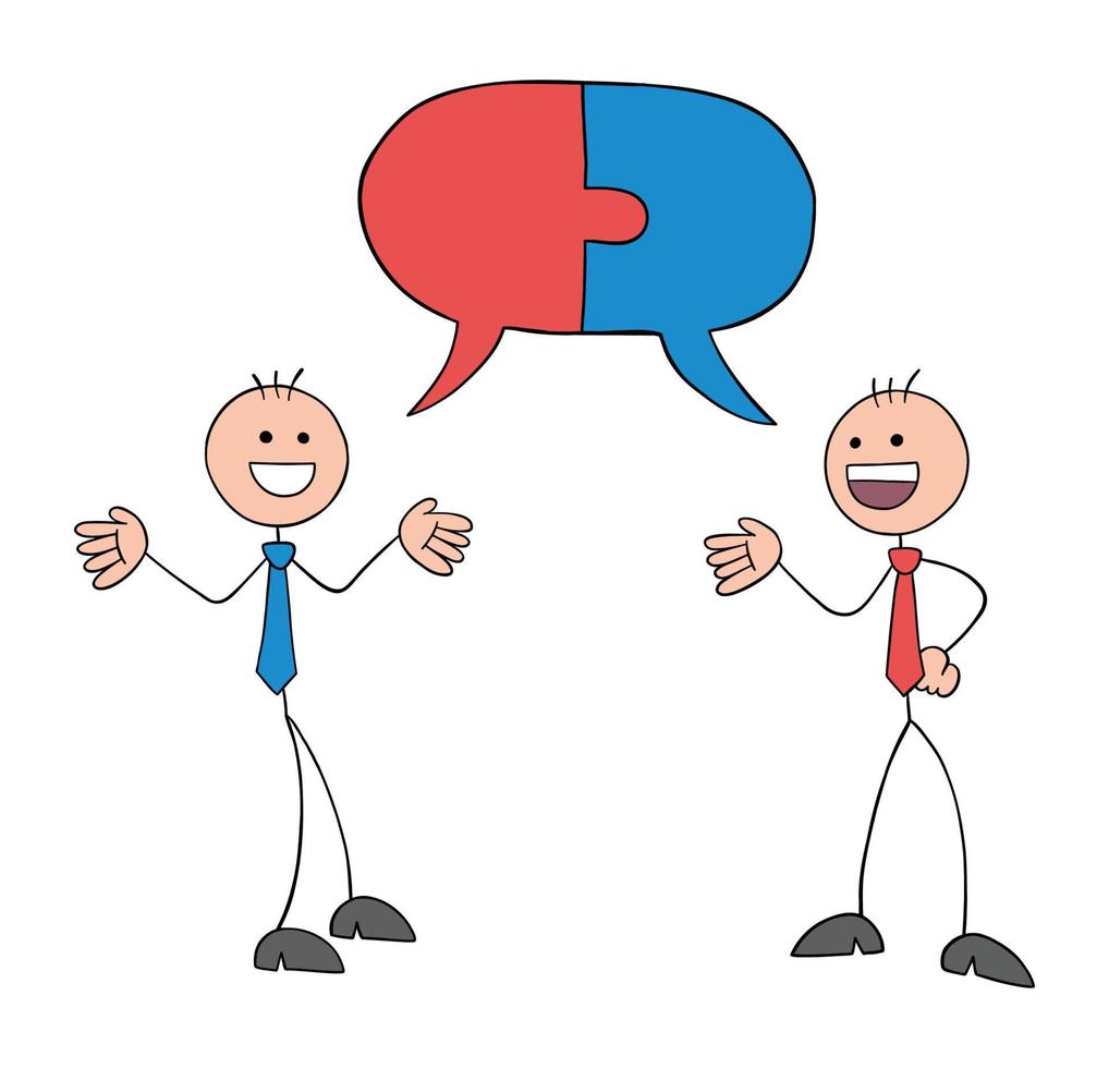 Teamwork, two stickmen businessmen talking with connected jigsaw puzzle pieces speech bubble, hand drawn outline cartoon vector illustration.