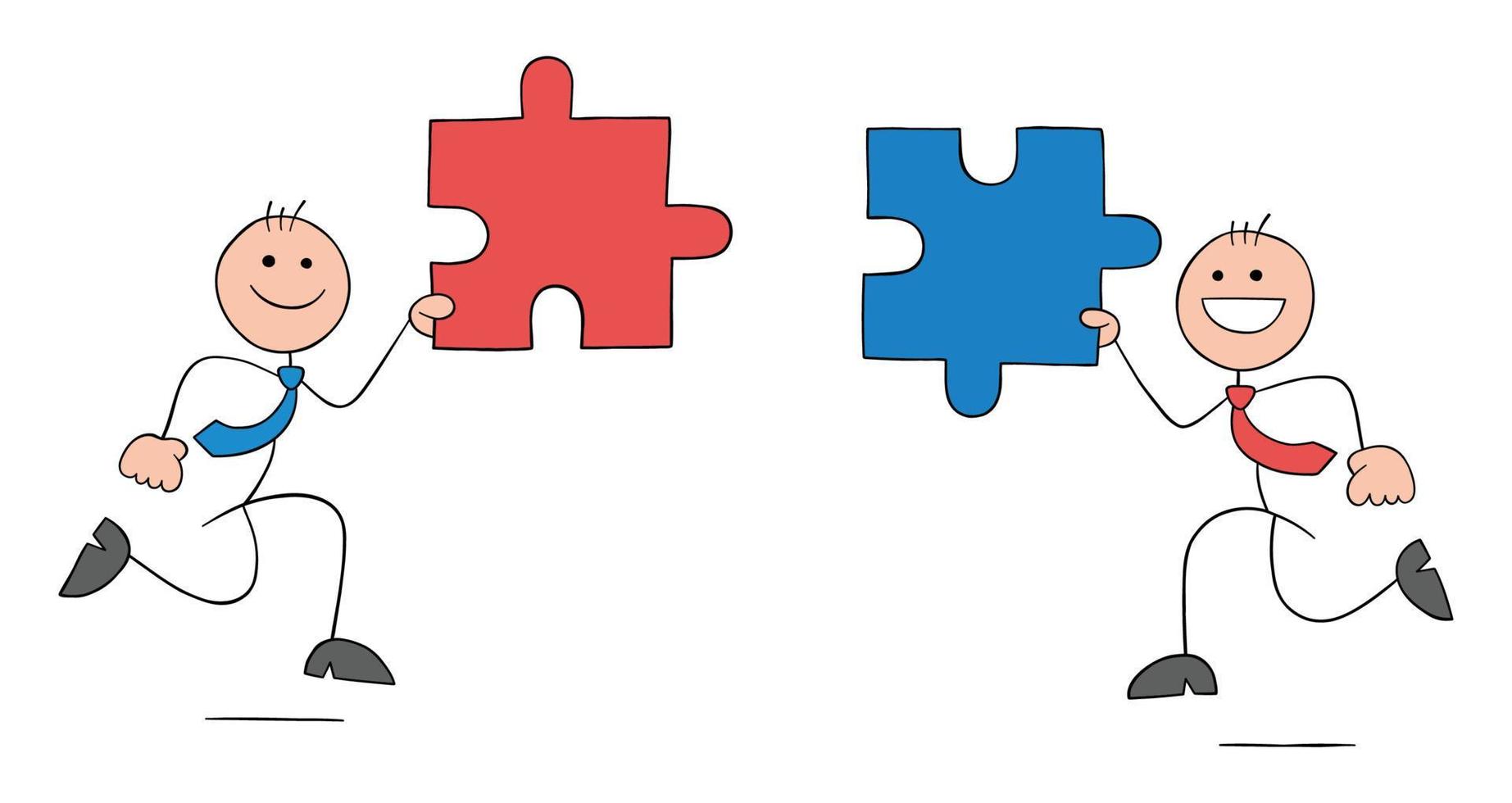 Teamwork, two stickmen businessmen carrying two puzzle pieces towards each other to connect, hand drawn outline cartoon vector illustration.