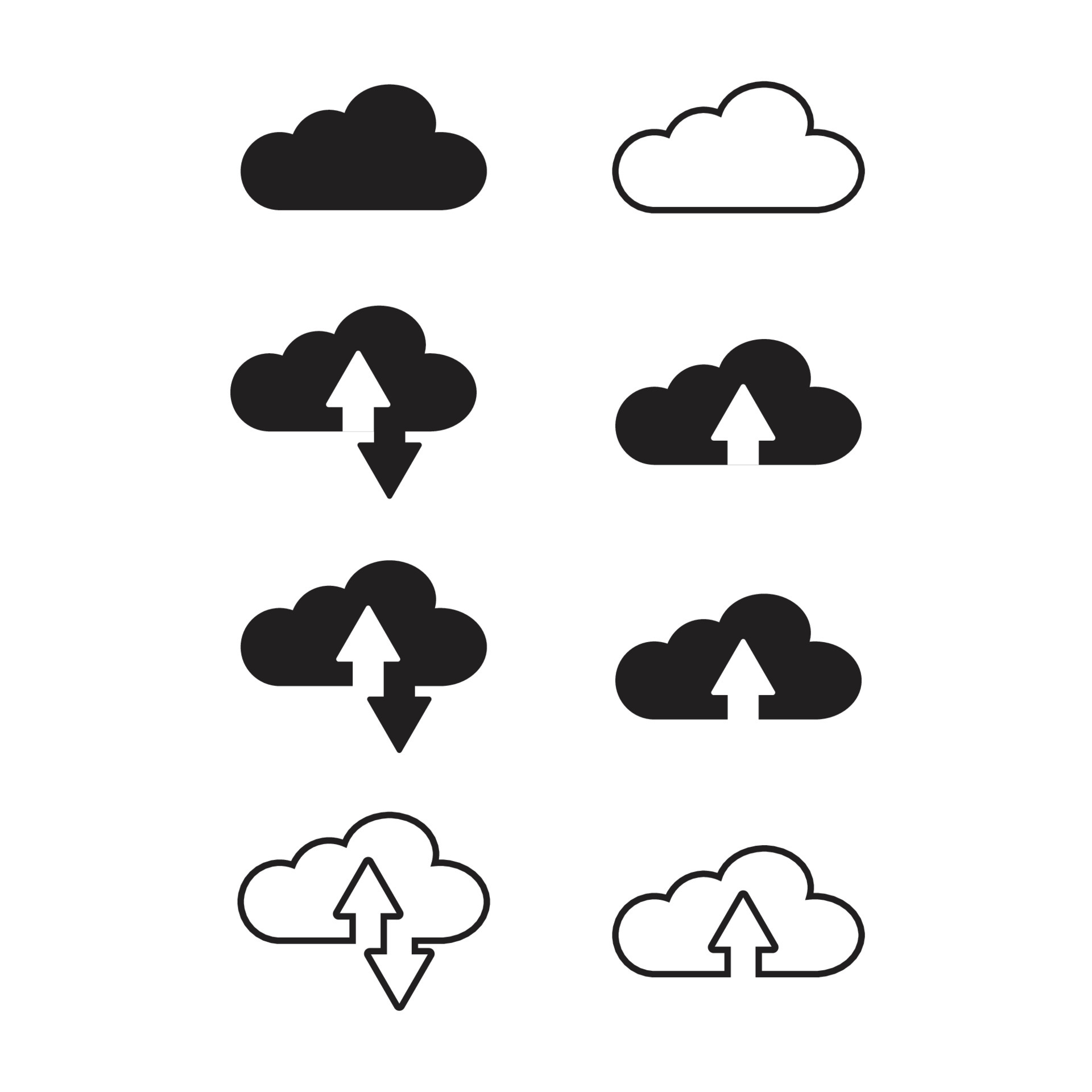 Collection cloud with arrow line and filled icon set. Upload and