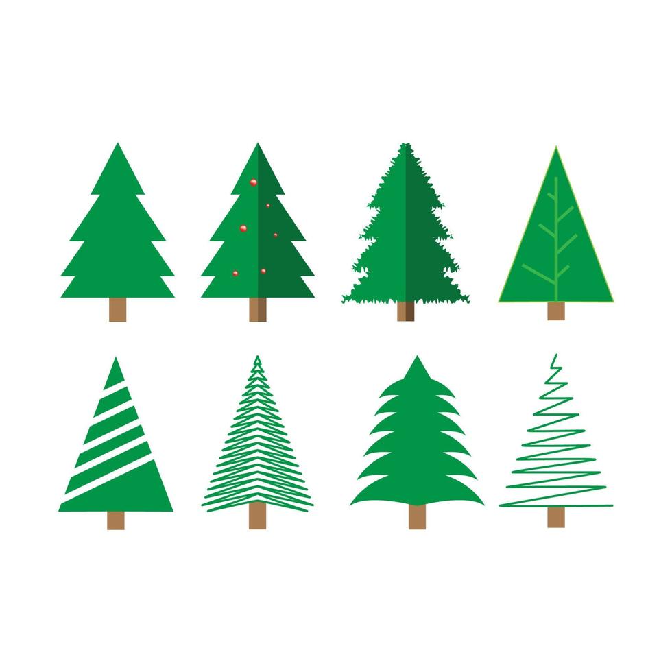 Christmas trees icon set isolated on white background. Cute Christmas trees with toys and snow. New year decorations. Vector illustration.