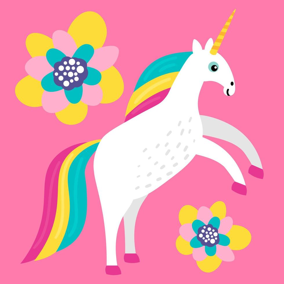 Unicornio de dibujos animados lindo con flores en estilo infantil plano aislado sobre fondo brillante. vector