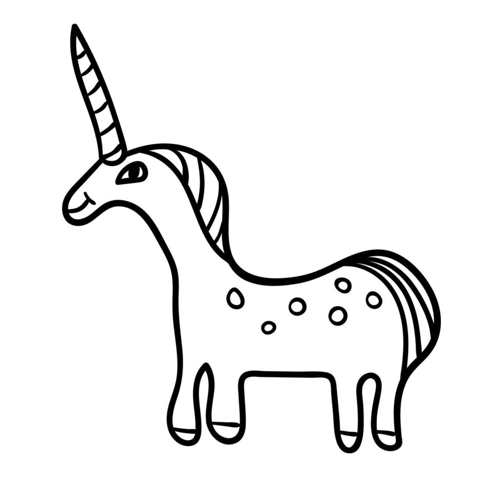 Cute hand drawn smiling unicorn in profile with thin line contour isolated on white background. vector
