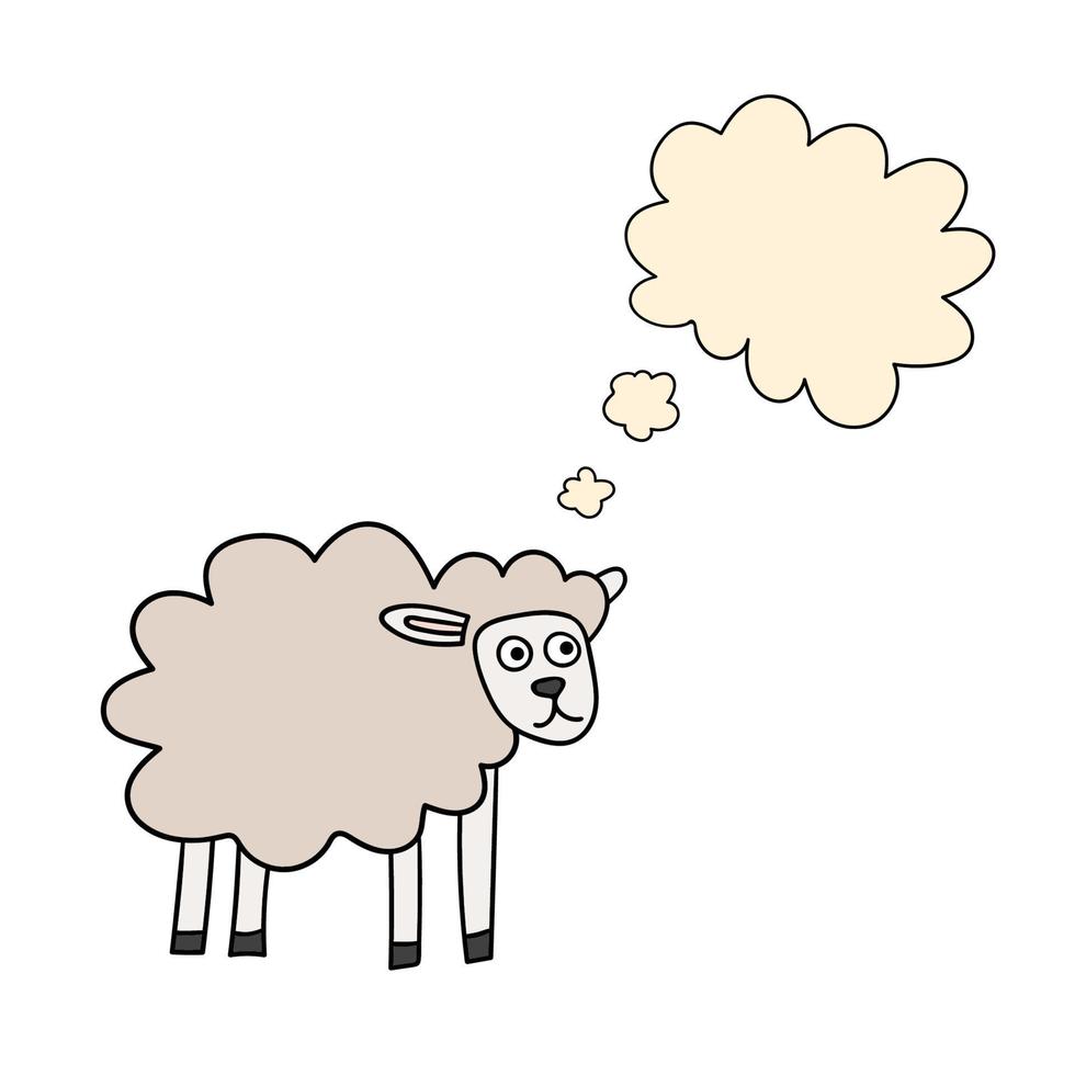 Cartoon doodle linear sheep with thought bubble isolated on white background. vector
