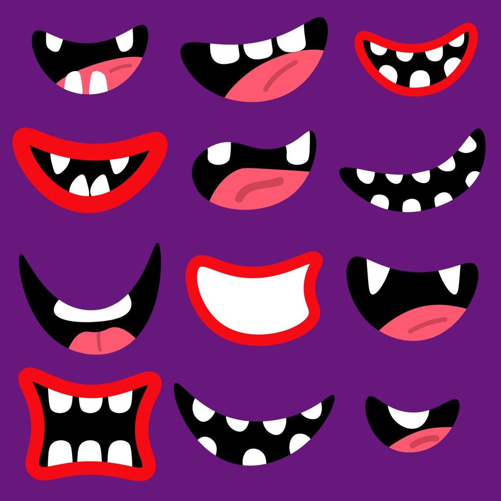 Monsters mouth set. Red cartoon mouths with teeth and tongue isolated on violet background vector