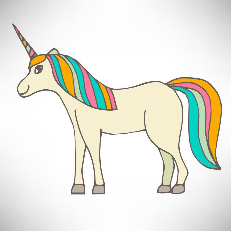 Lindo colorido unicornio sonriente de cuerpo entero dibujado a mano en perfil con contorno de línea delgada aislado sobre fondo blanco. vector