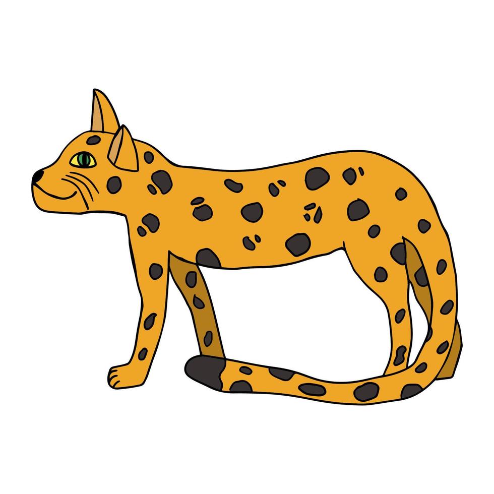 Cartoon doodle leopard in childlike style isolated on white background. Wild African cat. vector