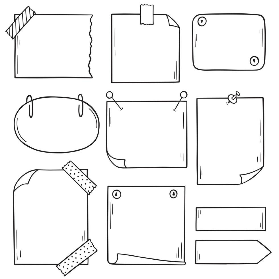 Set of Paper page doodle. Memo paper sheets, sticky note, reminder, notepad page with clip, pins and scotch tape in sketch style. Hand drawn vector illustration isolated on white background.