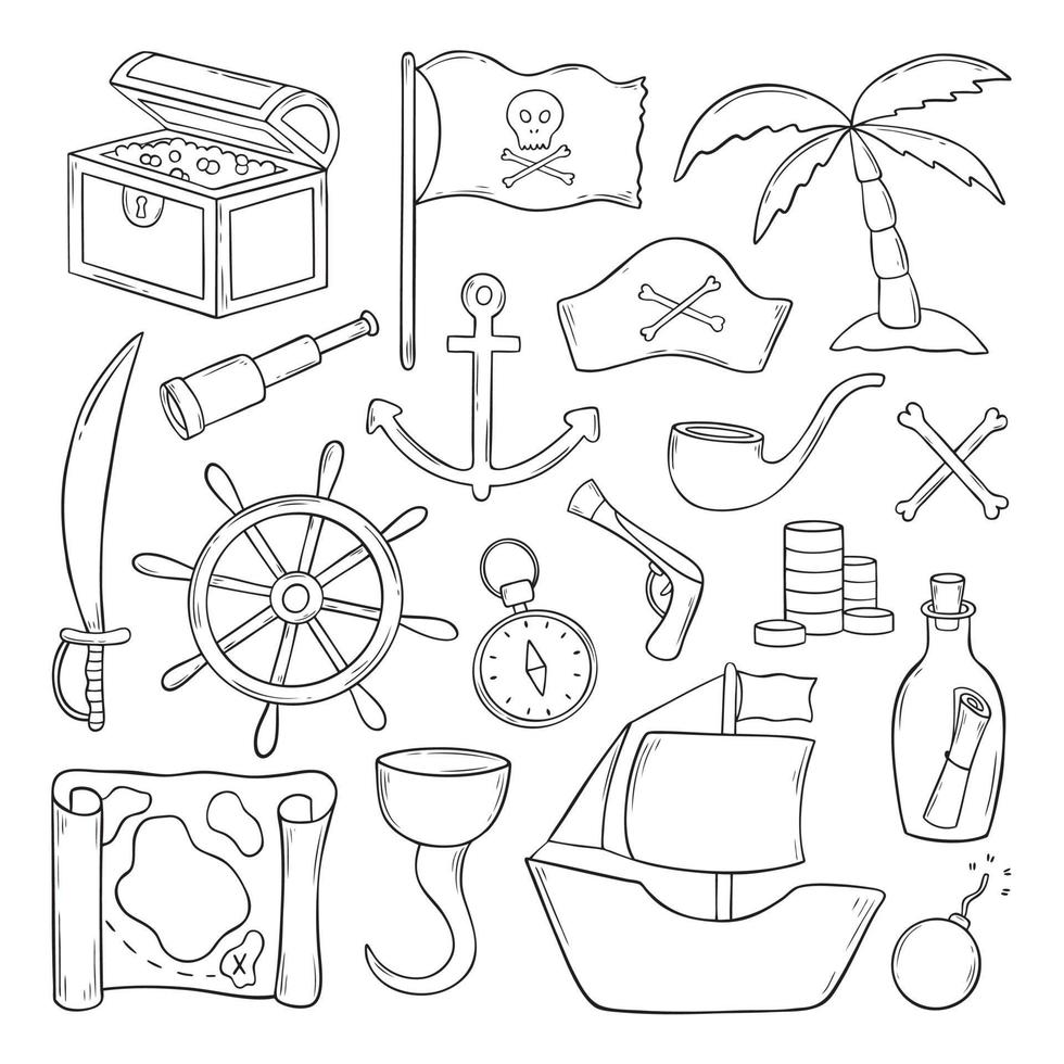 Set of pirates and old sea doodles. Treasure chest, ship, skull and crossbones, guns, flag, map in sketch style. Hand drawn vector illustration isolated on white background.