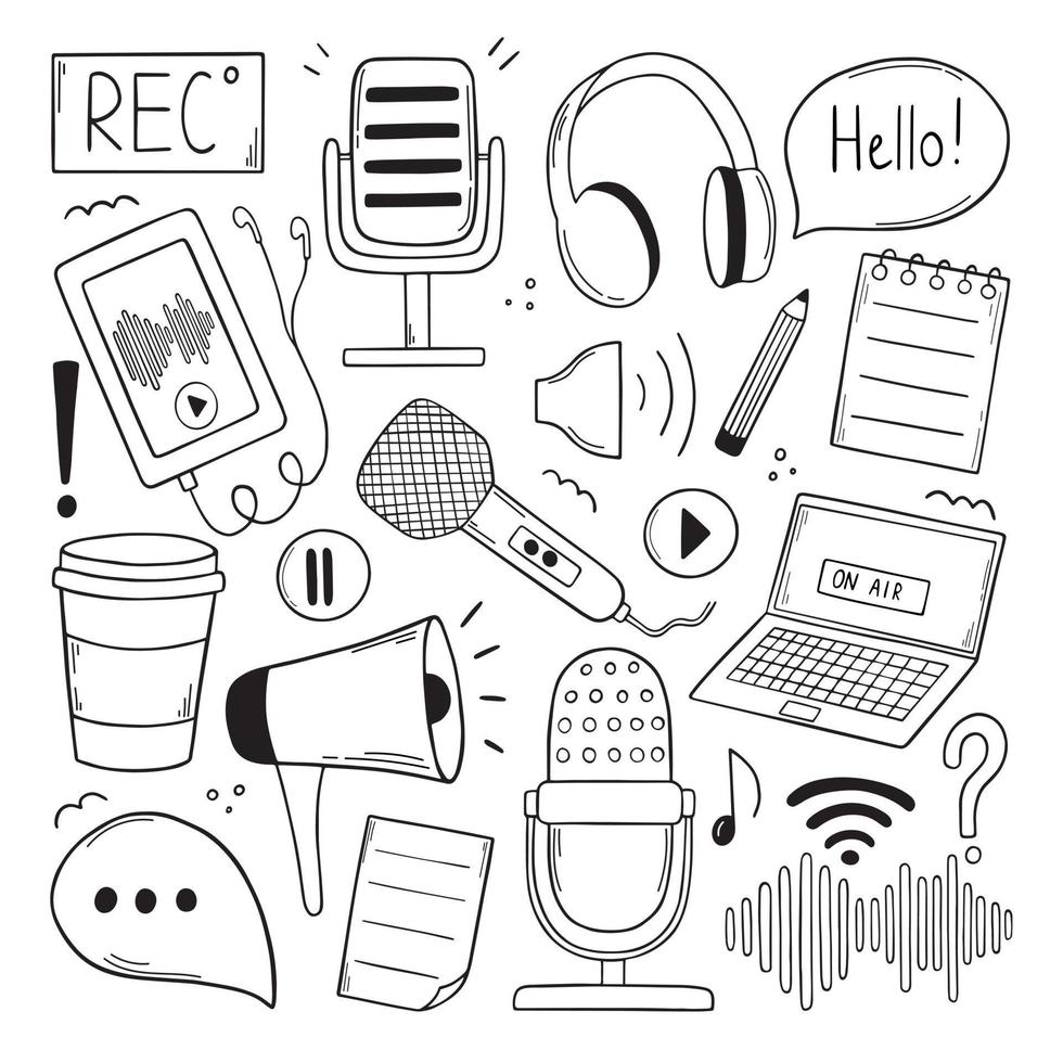 Set of Podcast doodle. Microphone, phone, laptop, voice recorder, play button, loudspeaker in sketch style.  Hand drawn vector illustration isolated on white background.